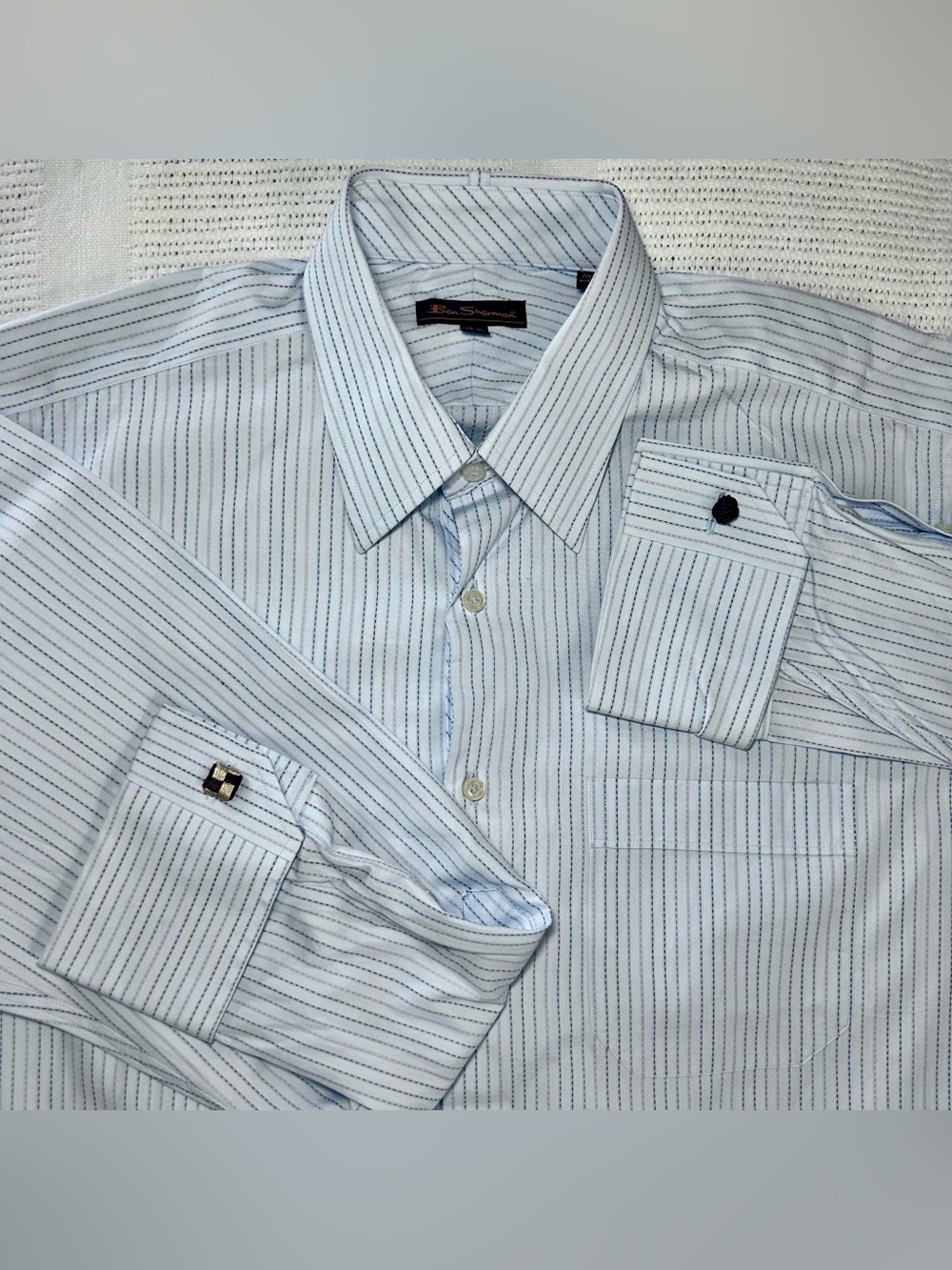 New Ben Sherman Blue Longsleeve 15.5 32-33 Pinstriped French Cuff